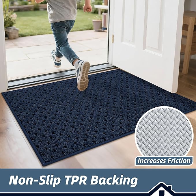 BEQHAUSE Dirt Trapper Door Mat Non-Slip Entryway Rugs Stain Resistant Absorbent Dog Doormats Woven-Look Washable Welcome Floor Doormat for Front Back Door, Muddy Wet Shoes & Paws, 20" x 32", Blue
