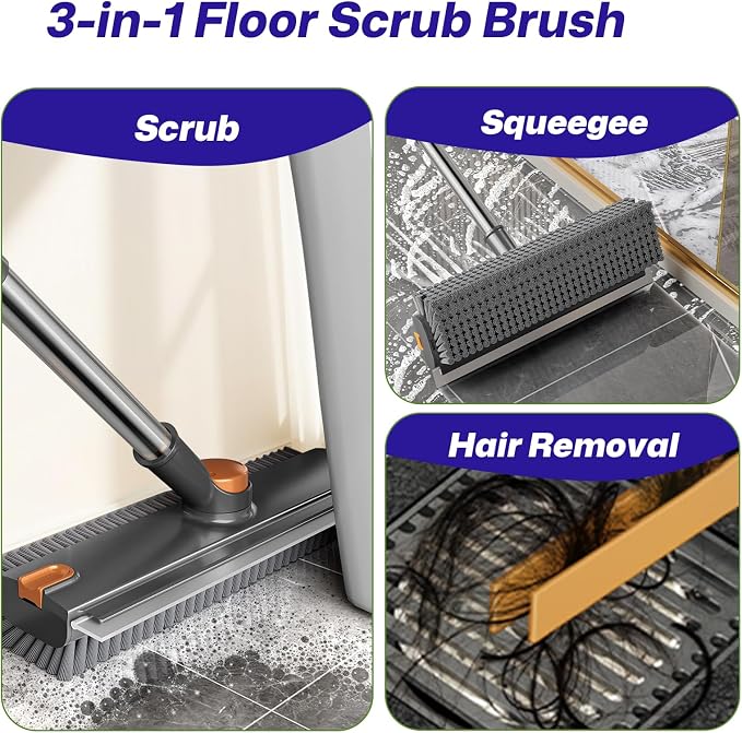 3-in-1 Floor Scrub Brush with Long Handle, Scrape and Heavy-Duty Stiff Bristle - Image 2