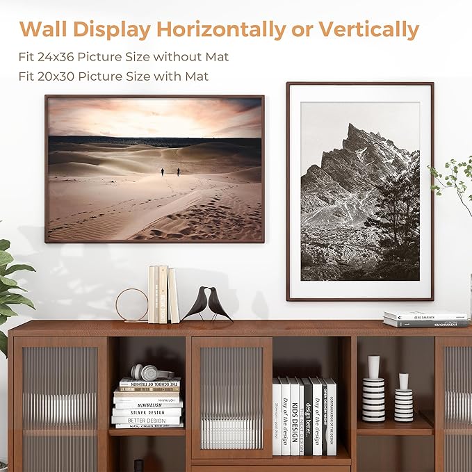 Axeman 24x36 Walnut Poster Frame - Rounded Corner 24 x 36 Picture Frame Matted to 20x30 - Natural Walnut Wood Frame with Tempered Glass for Wall Mount Display