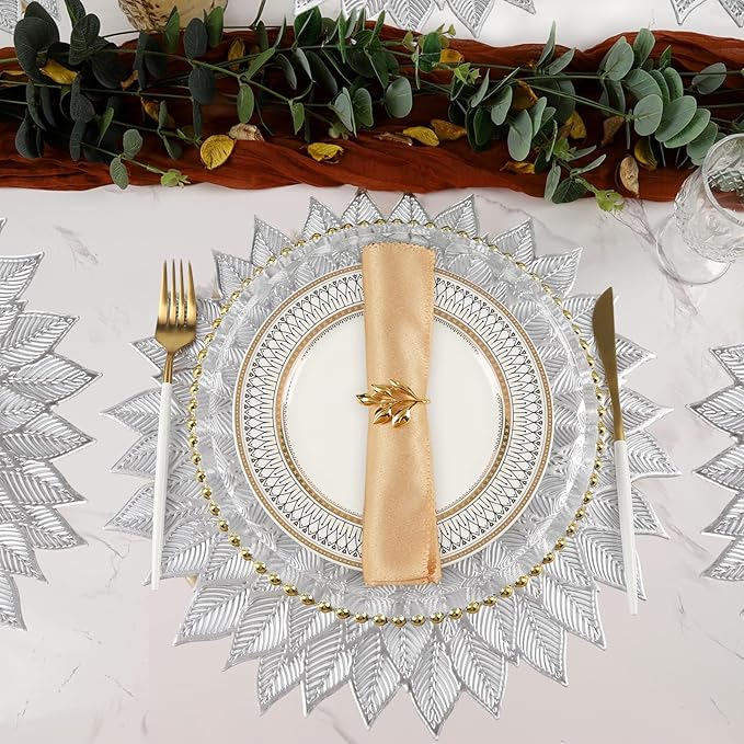 Placemats Set of 4, Round Hollow Out Flowers Place Mats for Dining Table Pressed Vinyl Blooming Leaf Table Mats for Holiday Party Wedding Accent Centerpiece Dinner Table Decoration (Silver)