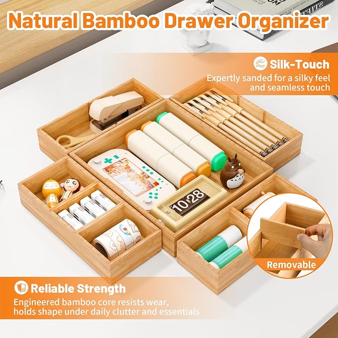 Bamboo Drawer Organizer, 10-Piece Stackable Trays - Image 3