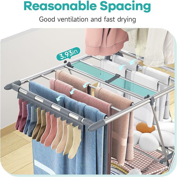 Clothes Drying Rack with High Hanger, 3-Level Drying Racks | Foldable Laundry - Image 4