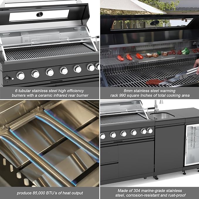 Outdoor Kitchen Island, 82 Inch 85000 BTU Gas Grill Combination With Refrigerator and Sink, Outdoor Stainless Steel Barbecue Bar, Natural Gas Barbecue Grill for Patios, Gardens, Parties