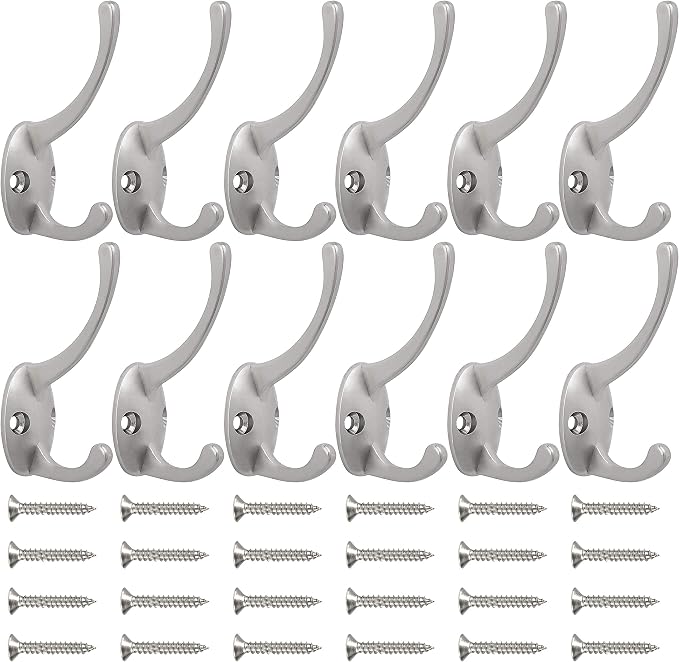 IBosins 12 Pack Silvery Double Coat Hooks Wall Mounted - Image 2