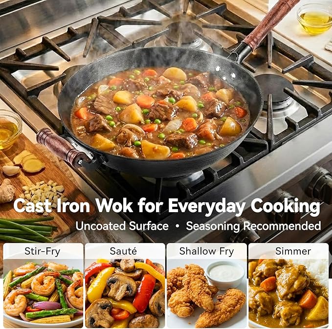 WANGYUANJI 14.2 Inch Cast Iron Wok with Wooden Lid & Handle, Flat Bottom Stir Fry Wok Pan, Turtle-Pattern Textured Uncoated Large Wok Skillet for Induction, Gas & Electric (Seasoning Required)