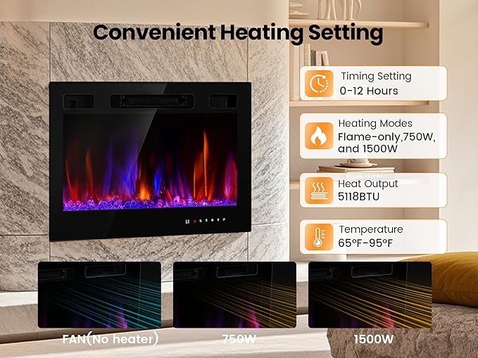 Electric Fireplace Insert 30" Realsmart 1500W Wall Mounted Fireplaces Recessed Heaters,Fit for 2 X 6 stub, Remote Control Slim Black Fireplace Touch Screen Timer 12 Flame Colors LED Decor Low Noise