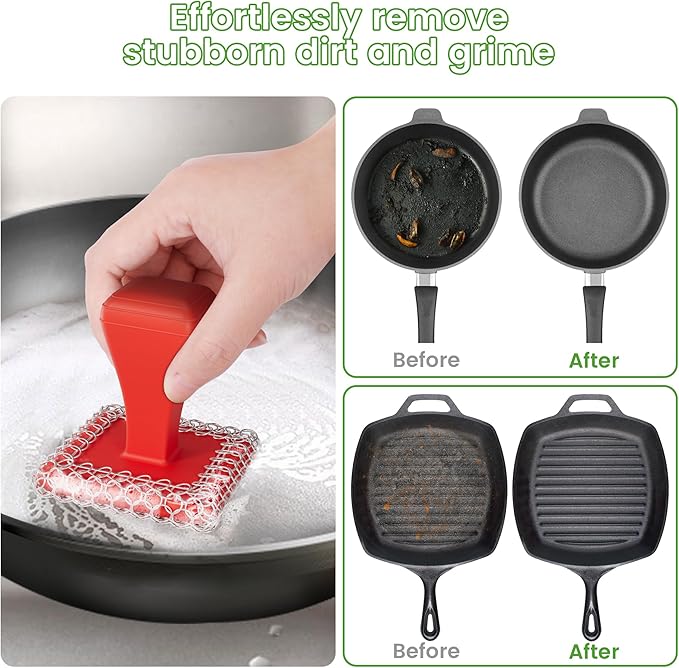 TOPULORS Cast Iron Scrubber Cleaner & 316L Stainless Steel Chainmail Scrubber with 2 Scrapers, Ergonomic Silicone Handle Brush for Pans Skillets Grills Dishes Cleaning - Non-Scratch Rust-Proof - Red
