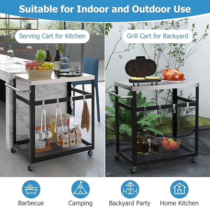 Giantex Outdoor Grill Cart with 29''W x 20''D Stainless Steel Top, Storage Shelf, Outdoor Cooking Food Prep Table with Wheels, Movable Pizza Oven Stand Serving Cart for Backyard BBQ Party Kitchen
