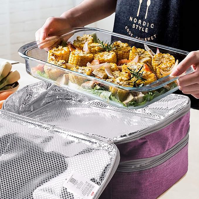 MIER Insulated Double Casserole Carrier Thermal Lunch Tote for Potluck Parties, Picnic, Beach, Fits 9 x 13 Inches Casserole Dish, Expandable by Mid Zipper, Purple
