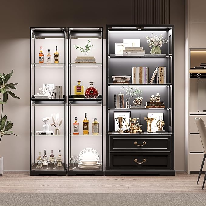 Glass Display Cabinet with Doors, 65" Tall 4-Tier Curio Display Case with 3 Color Lights and Human Body Sensor, Bookcase for Collectibles, Black