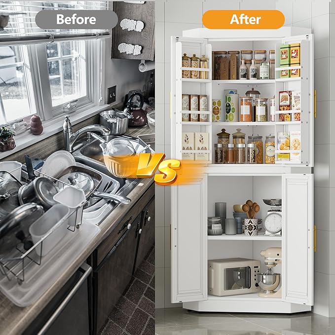 63" Tall Metal Corner Kitchen Pantry Cabinet, Steel Storage Cabinets with 4 Doors and 3 Shelves, Kitchen Food Cabinets with 6 Door Panel Shelves, Farmhouse Cupboard for Kitchen Dining, White