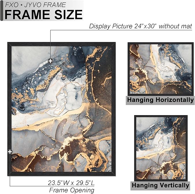 Engineered Wood 24 x 30 Frame Set of 2, Black Picture Frame for 24x30 Inch Poster Puzzle Photo, Light Weight 24by30 Poster Frame with Wood-grain for Wall - 2 Pack/Black/24 x30