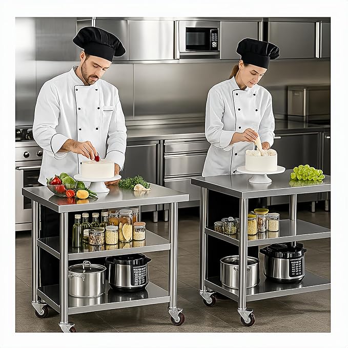 Stainless Steel Table with Wheels for Food Preparation and Work, Multi-Size Optional, Three-Layer Variable Two-Layer Metal Commercial Workbench Outdoor, Restaurant, Kitchen (40" Lx24 Wx34 H)