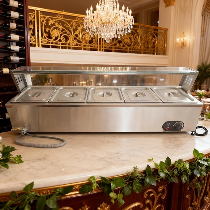 5-Pan Commercial Electric Food Warmer 60QT Stainless Steel Buffet Bain Marie with Tempered Glass Shield for Catering and Restaurants