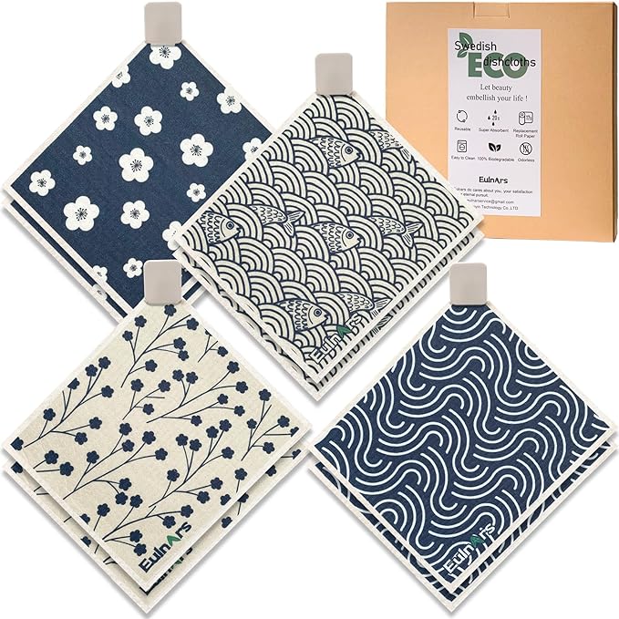 Eulnars Swedish Dishcloths for Kitchen, 8 Pack Japanese Pattern Reusable Paper by Eulnars