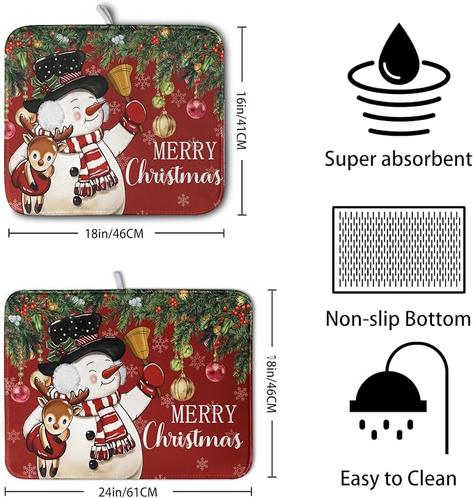 Christmas Dish Drying Mats for Kitchen Counter 18x24 Cute Snowman Red Dish - Image 2