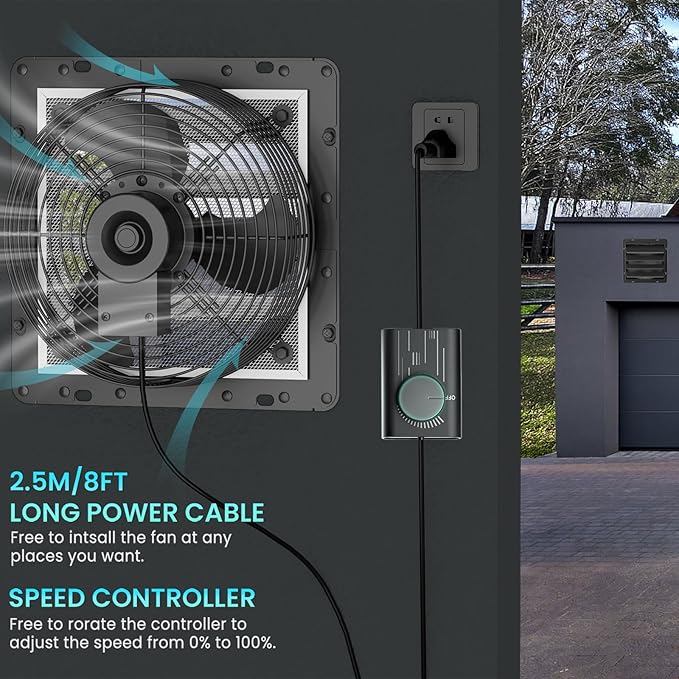 HG Power 12 Inch Shutter Exhaust Fan with Speed Controller, 764CFM High-Speed Vent Fan, 1400RPM Wall Mounted Attic Fan for Shed, Garage, Greenhouse Ventilation, Black