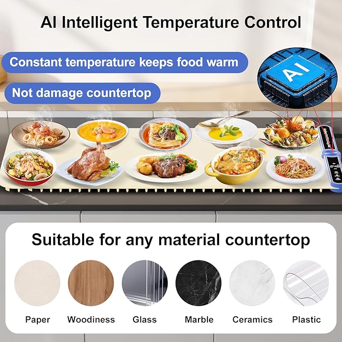 Warming Mat for Food Extra Large (XXL:40”X15”) Food Warming Mat for Countertop Parties Buffet Family 550W 8S Fast Even Heating 9-Level Temp Food Warmer Portable Silicone Kitchen Essential