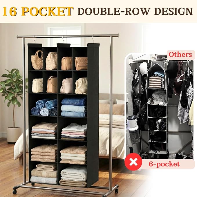 6 Tier Hanging Closet Organizer, 16 Compartments Dual Row Storage, 3 Sturdy - Image 4