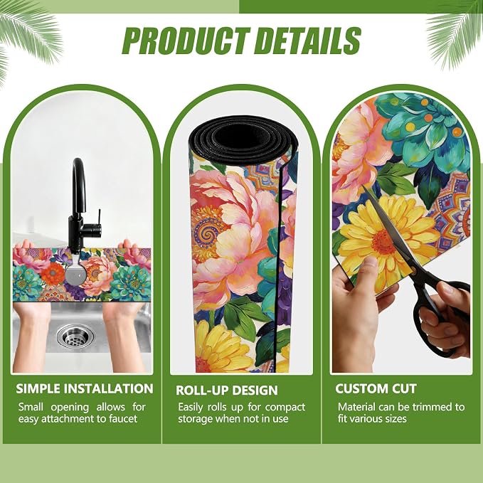 3 Pcs 2 Size Kitchen Sink Splash Guard Faucet Mat Datura Flowers Pattern Faucet - Image 3