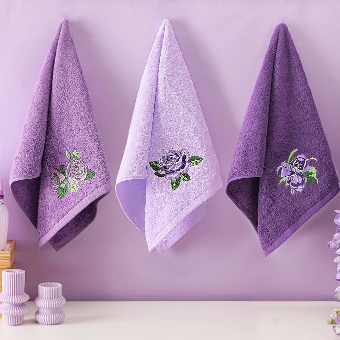 3 Pcs Purple Rose Hand Towels Lavender Purple Bathroom Decor | Embroidered - Image 6