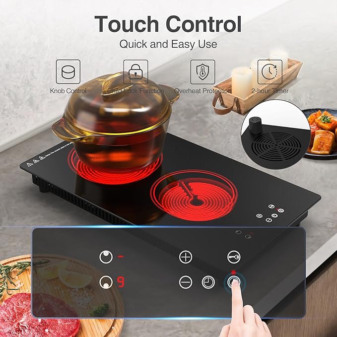 Electric Cooktop,Built-in and Countertop Electric Stove Top, 2100W 110V Electric Burner 9 Heating Level, Timer & Kid Safety Lock, Sensor Touch Control 2 Burner Electric Cooktop.