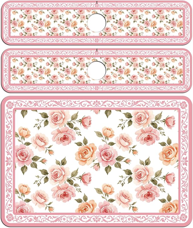 3 Pcs 2 Size Kitchen Sink Splash Guard Faucet Mat Pale Pink Flowers Pattern - Image 8