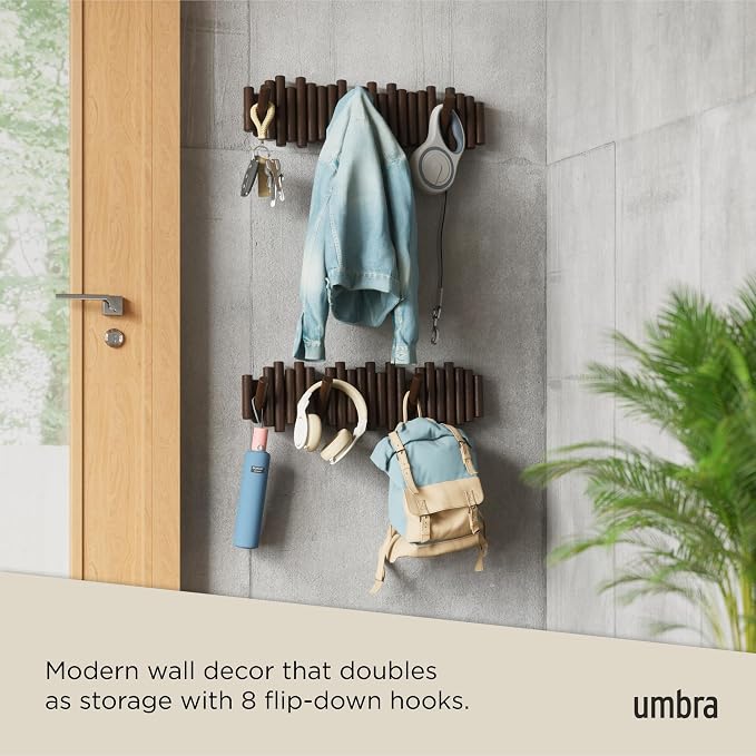 Umbra Picket Coat Rack, Wall Mount 8 Flip-Down Coat Hooks, Walnut | Beveled - Image 4