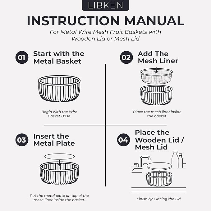 Metal Fruit Bowl Basket with Wooden Lid - Fruit and Vegetable Holder For Kitchen Counter - Countertop Display Baskets Organizer - Bowl Storage for Veggie, Fruits, Snack, and Banana - Peach