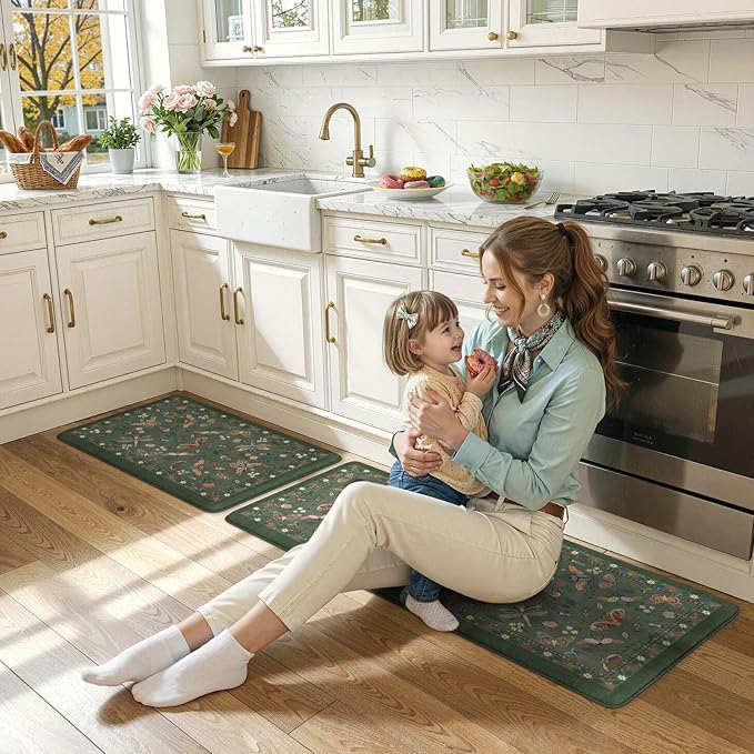 LEEVAN Anti Fatigue Mats for Kitchen Floor Non-Slip, Cushioned Kitchen Mats for Floor 20''x31''+20''x47'', Green Memory Foam Kitchen Mat Set