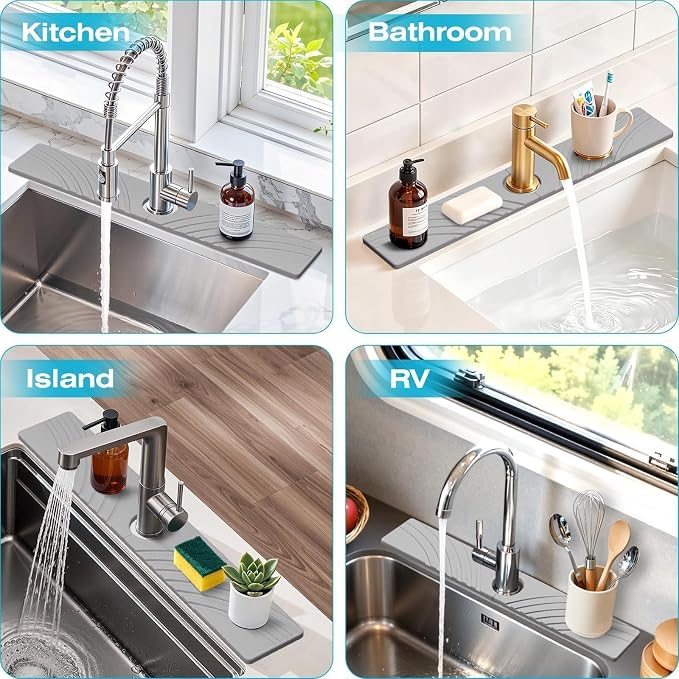 SpaceHacks Stone Faucet Mat for Kitchen Sink 23.7x4 in, Light Gray | Fast - Image 6