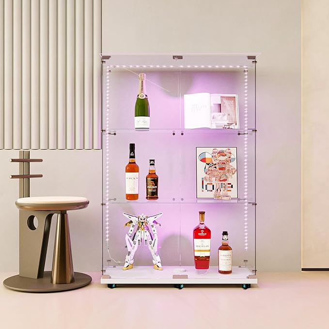 Yoluckea 3 Tiers Glass Display Cabinet with Bluetooth LED Light Strip, 2 Doors Floor Standing Curio Cabinet with Universal Wheel for Home, White Glass Bookshelf for Collections, Clear Top