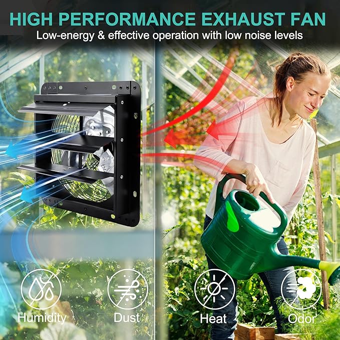 7 Inch Wall Mounted Shutter Exhaust Fan with Thermostat and Speed Controller for Attic, Greenhouse, Shed, Garage, Chicken Coop, Shop, Barn Ventilation, 760 CFM Louvered Vent Fan, Black