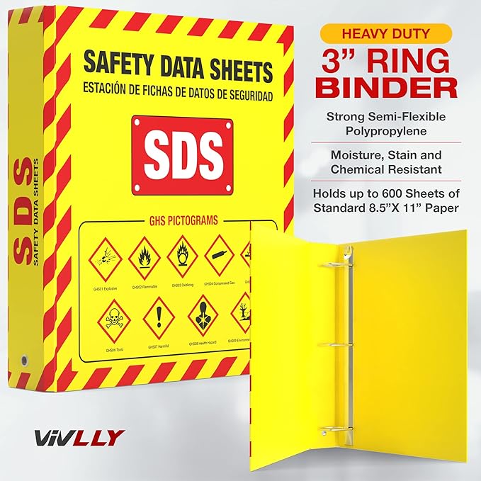 MSDS Wall Station with 3” SDS Binder & Wire Rack, OSHA/GHS Safety Data Sheet Station, Bilingual Labels, Display Sign, Chain & Mounting Hardware