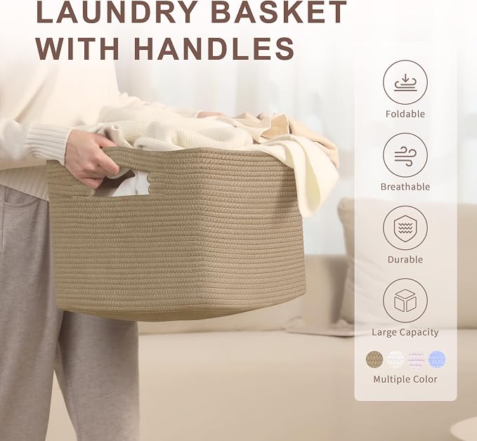 45L Small Woven Laundry Basket Hamper - Image 4