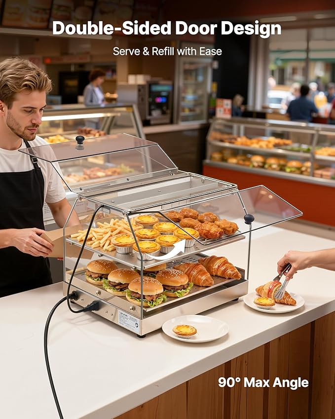 VEVOR 2-Tier Commercial Food Warmer Display, 450W Food Display Warmer with Light, Detachable Shelves and Double-Sided Door Design, 85℉~185℉ Air Heating, 48L for Hamburger, Pizza, Bread, Fried Chicken