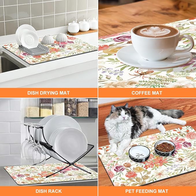LOKHOM 18"x24" Dish Drying Mat，Pink Floral Coffee Mat | Pink Roses Petals Prints - Image 5