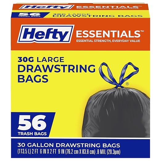 Hefty Essentials 30 Gallon Trash Bags, 56ct | 30G Large Black Trash Bags by Hefty