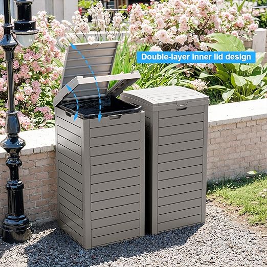 Outdoor Trash Can with Lid, Outdoor Trash Bin & Pull-Out Liquid Drawer, Dual Lid Closure Design, Waterproof Resin Garbage Can Container for Patio, Backyard, Deck (Grey, 38 Gallon)