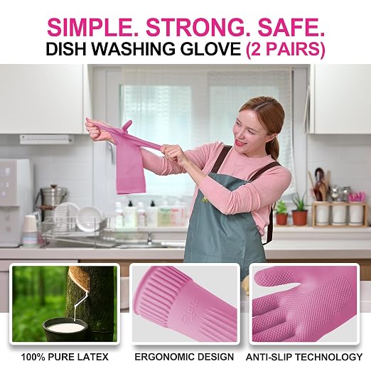 Mamison Rubber Dishwashing Gloves, Non-Slip Kitchen, 2 Pairs | Korean natural - Image 2
