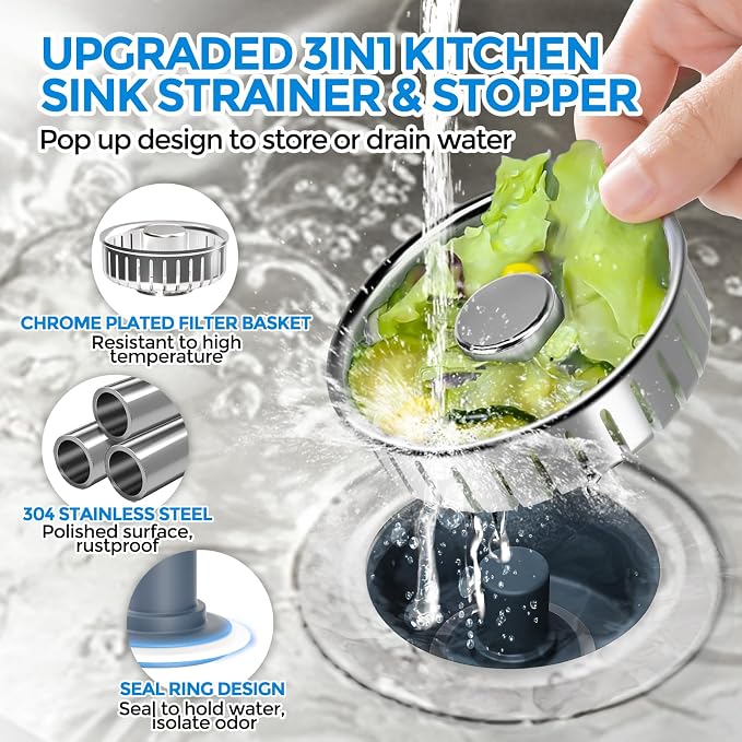 zaa 3 in 1 Kitchen Sink Drain Strainer Stopper Removable Basket Pop-Up - Image 2