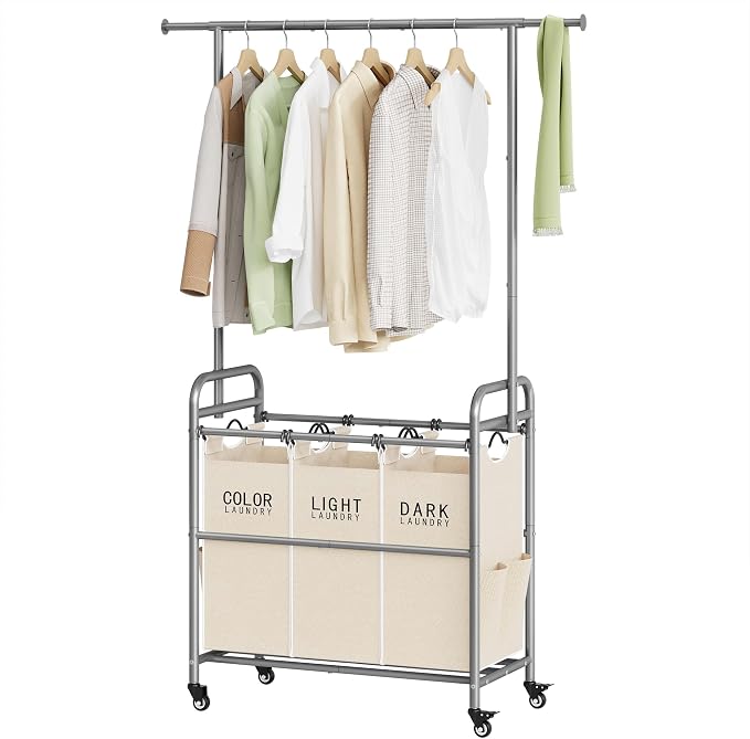 Tajsoon Laundry Hamper with Hanging Rack, Laundry Sorter 3 Section by Tajsoon
