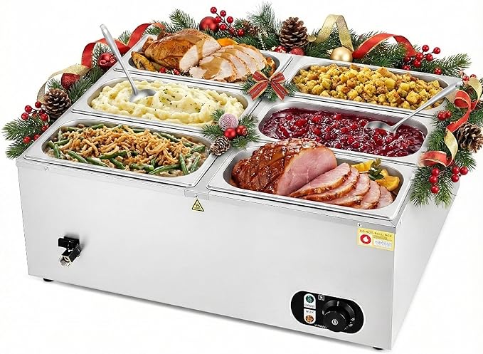 WILPREP Commercial Food Warmer with Six 1/3 Pans, 1500W Countertop Electric Warmer, 86-185°F Adjustable Temp Control & Over-Temp Protection, Stainless Steel Buffet Bain Marie