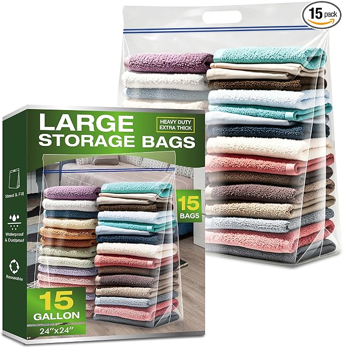 15 Pack Heavy Duty 15 Gallon Clear Zipper Bags by VacPackStorageMovingExp