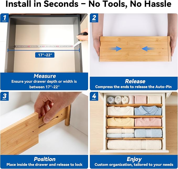 4 Pack 8" Deep Bamboo Drawer Dividers, 17-22" Expandable Kitchen Organizers | - Image 5