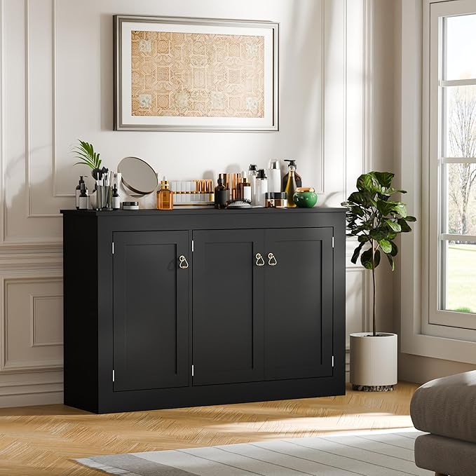 Cozy Castle Buffet Cabinet with Storage - Kitchen Storage Cabinet Wood Console Table Coffee Bar Accent Cabinets for Living Room Dining Room Entryway Black 44.5" W