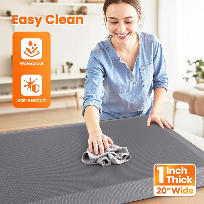 Kitchen Mats for Floor, 1 Inch Extra-Thick Kitchen Rugs, Non-Slip & Waterproof Standing Desk Mat, Comfort Anti Fatigue Mats for Kitchen Floor, Home, Sink, Office (20" X 72", Grey)