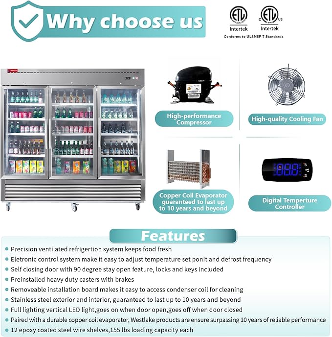 WESTLAKE 82" W Commercial Display 3 Glass Door Refrigerator Merchandiser 3 Section Stainless Steel Reach-in Glass Door Upright Fan Cooling 72 Cu.ft Cooler for Restaurant, Bar, Shop, etc