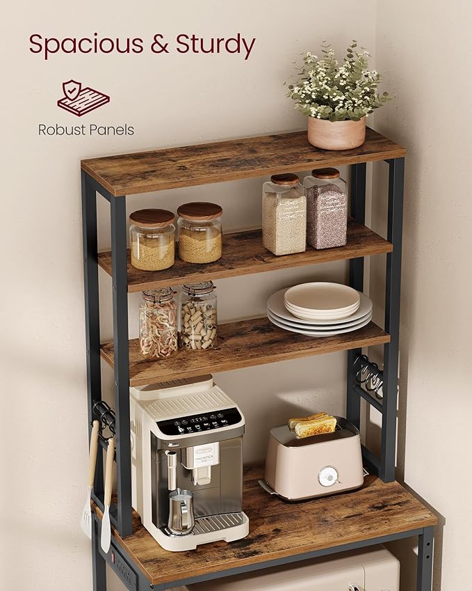 VASAGLE Bakers Rack with Power Outlet, 23.6 Inches Coffee Bar for Kitchen with Storage, 6-Tier Kitchen Shelves with 6 Hooks, Microwave Stand, Industrial, Rustic Brown and Ink Black UKKS124K03
