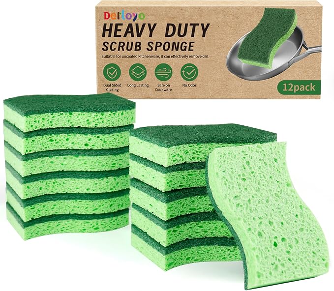 12 Count Heavy Duty Scrub Dish Sponges, Long Lasting, Dual Sided, by Derloyo